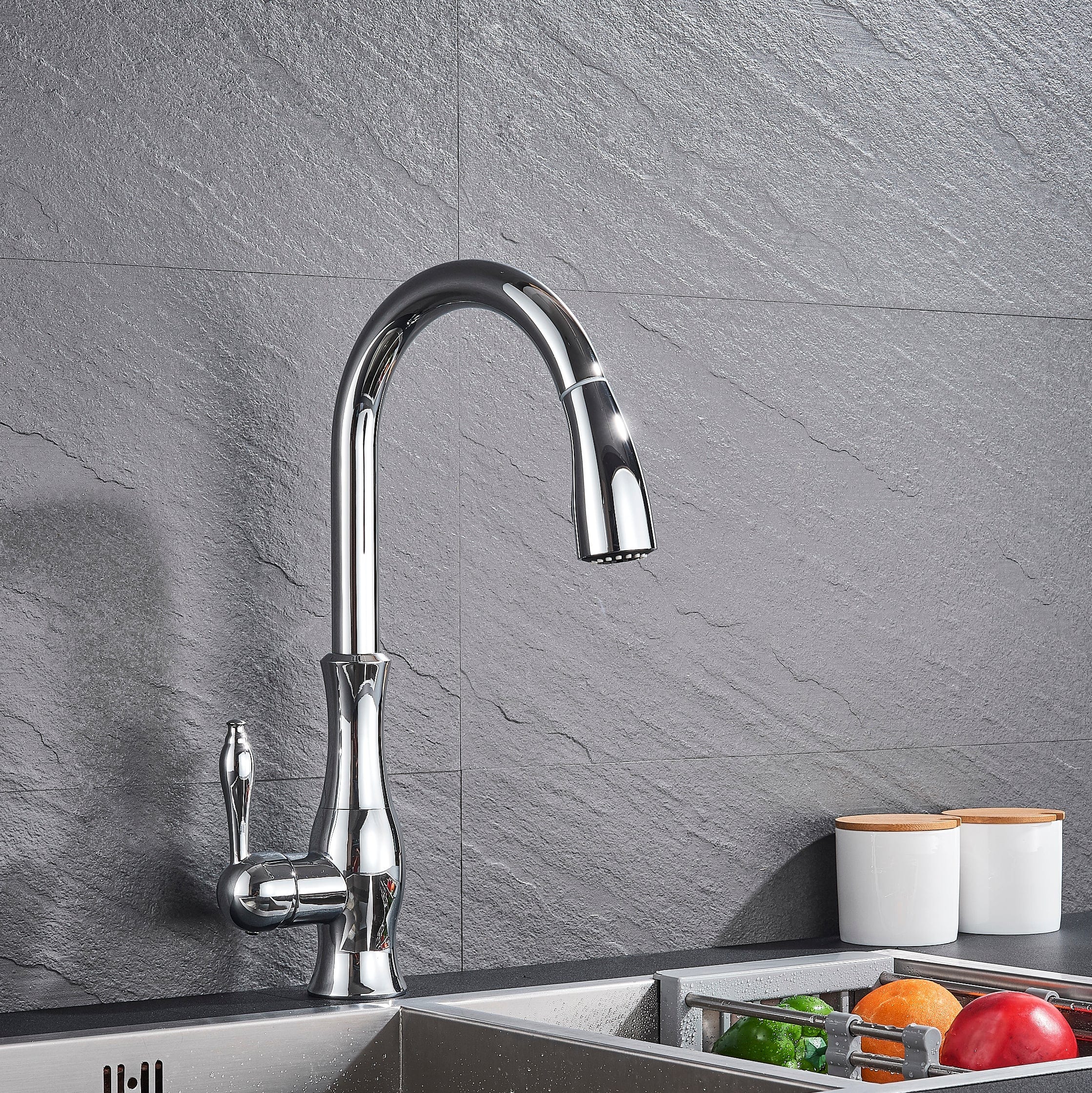 Baterie de bucatarie, cromata, cu furtun extractibil si 2 functii de curgere a apei