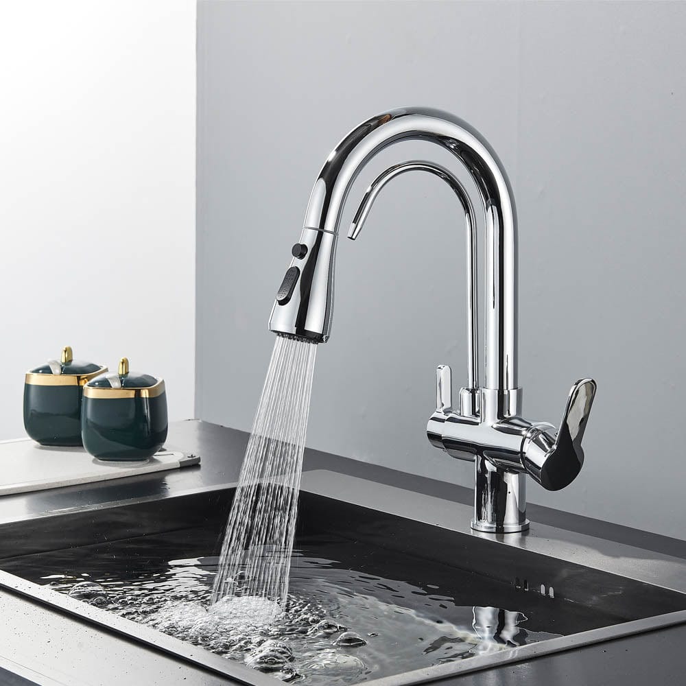 Baterie de bucatarie cu 3 căi, argintiu lucios, cu 2 funcții de curgere și duș extractibil