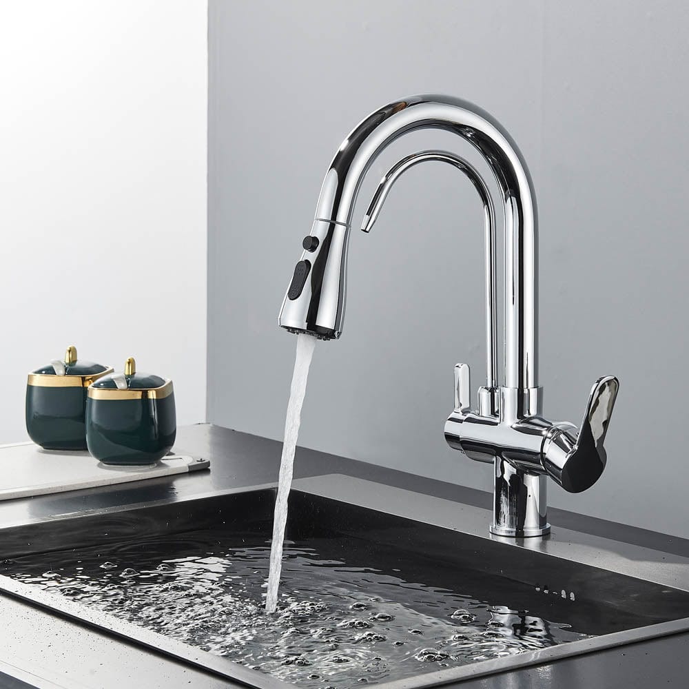 Baterie de bucatarie cu 3 căi, argintiu lucios, cu 2 funcții de curgere și duș extractibil