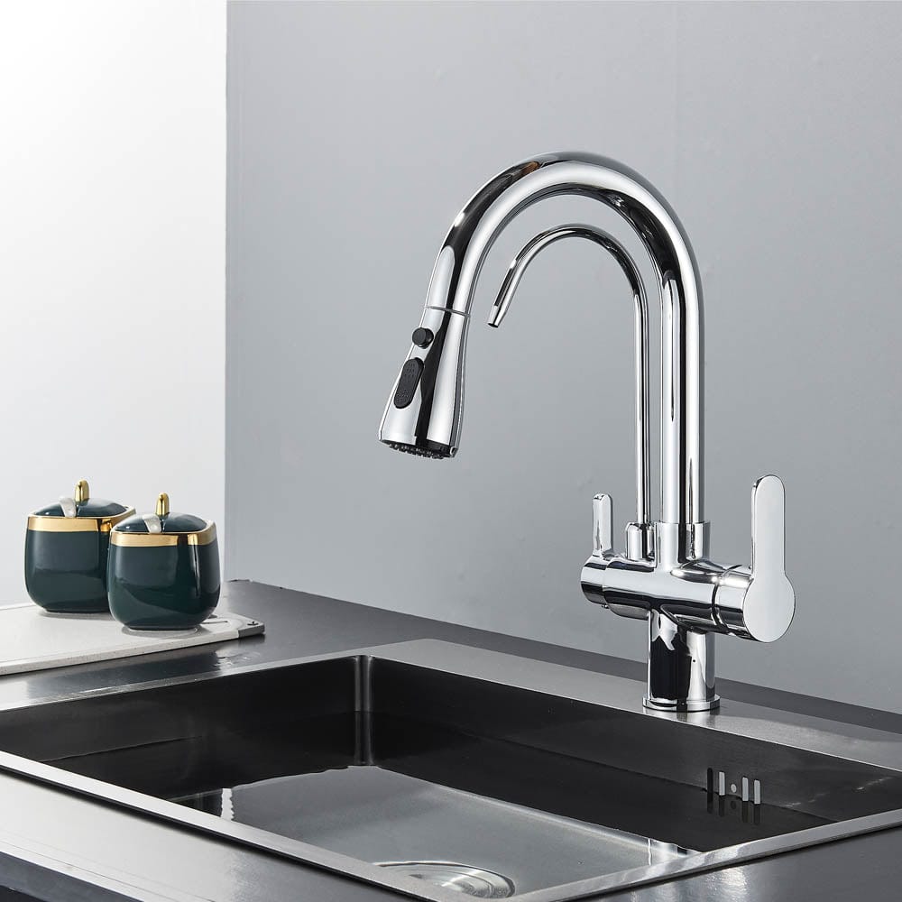 Baterie de bucatarie cu 3 căi, argintiu lucios, cu 2 funcții de curgere și duș extractibil