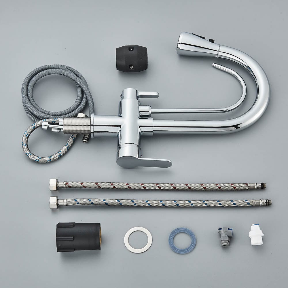 Baterie de bucatarie cu 3 căi, argintiu lucios, cu 2 funcții de curgere și duș extractibil