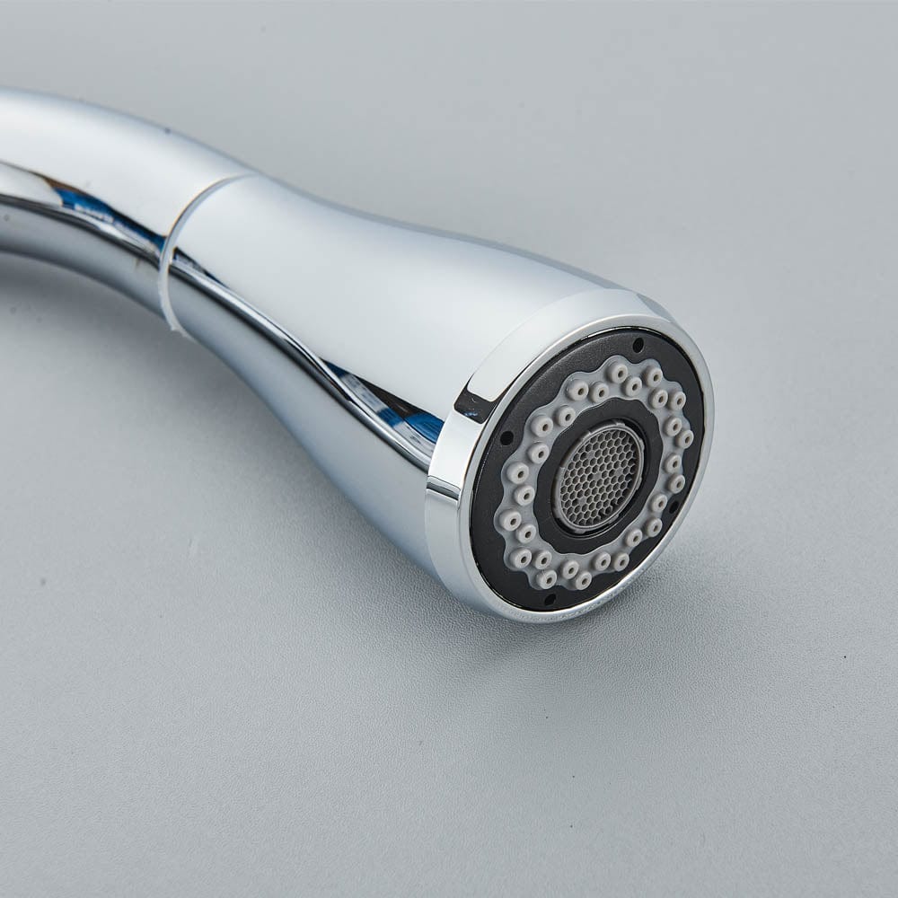 Baterie de bucatarie cu 3 căi, argintiu lucios, cu 2 funcții de curgere și duș extractibil