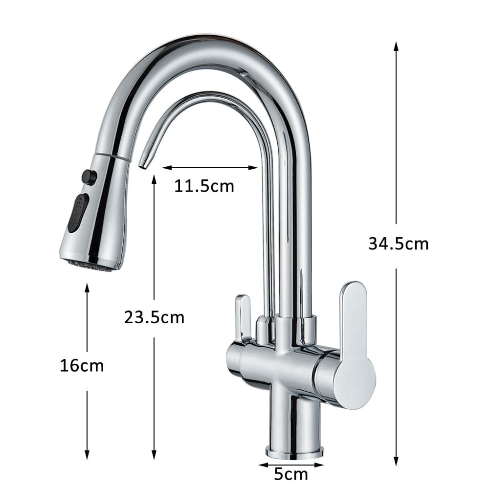 Baterie de bucatarie cu 3 căi, argintiu lucios, cu 2 funcții de curgere și duș extractibil