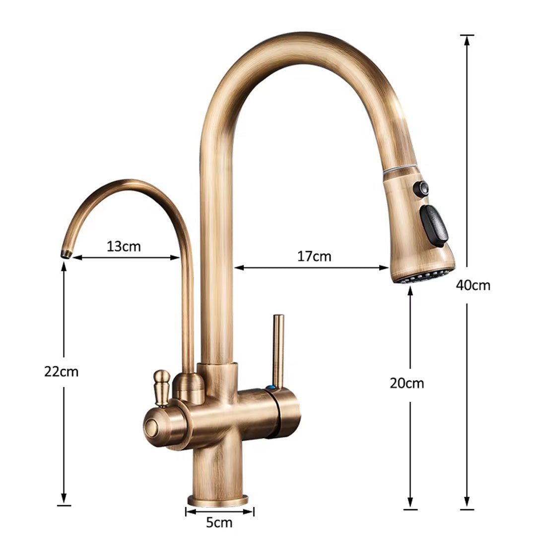 Baterie de bucatarie cu 3 căi, auriu antichizat, cu 2 funcții de curgere și duș extractibil
