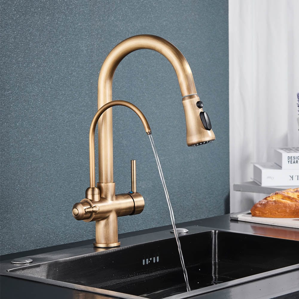 Baterie de bucatarie cu 3 căi, auriu antichizat, cu 2 funcții de curgere și duș extractibil