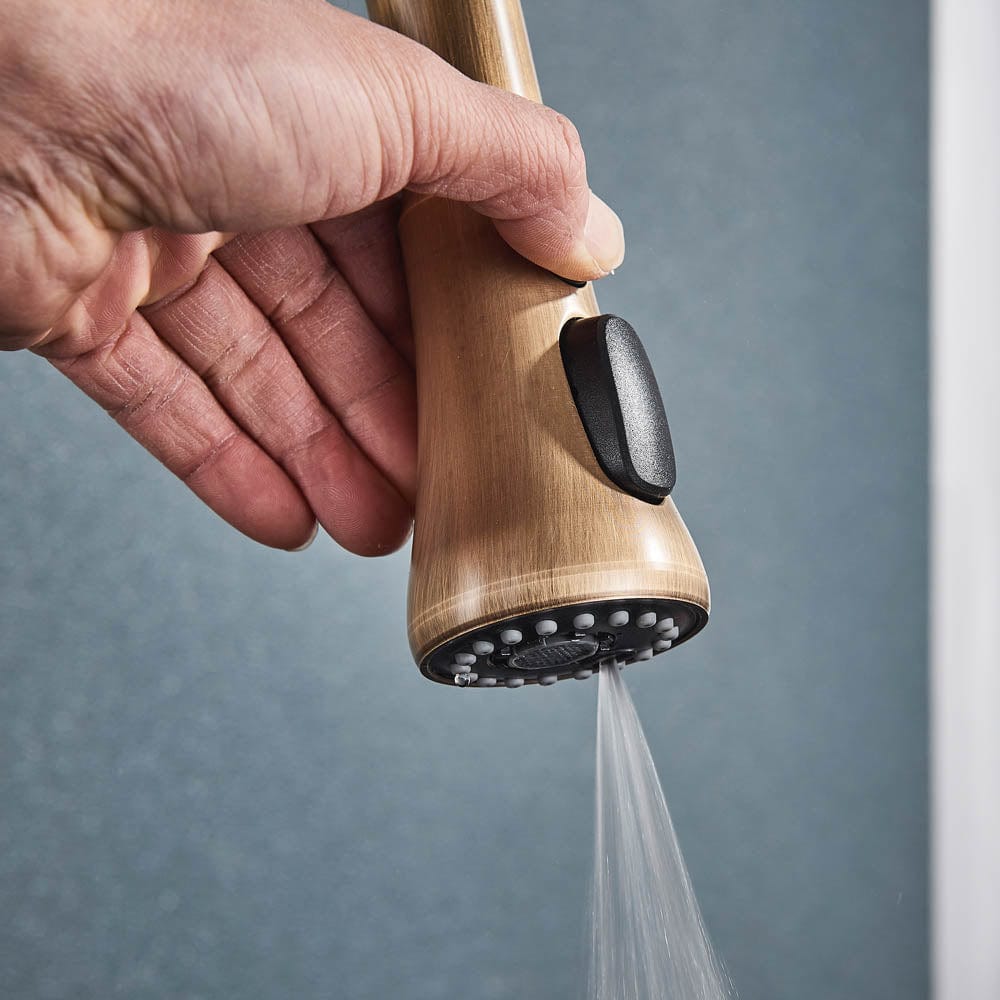 Baterie de bucatarie cu 3 căi, auriu antichizat, cu 2 funcții de curgere și duș extractibil