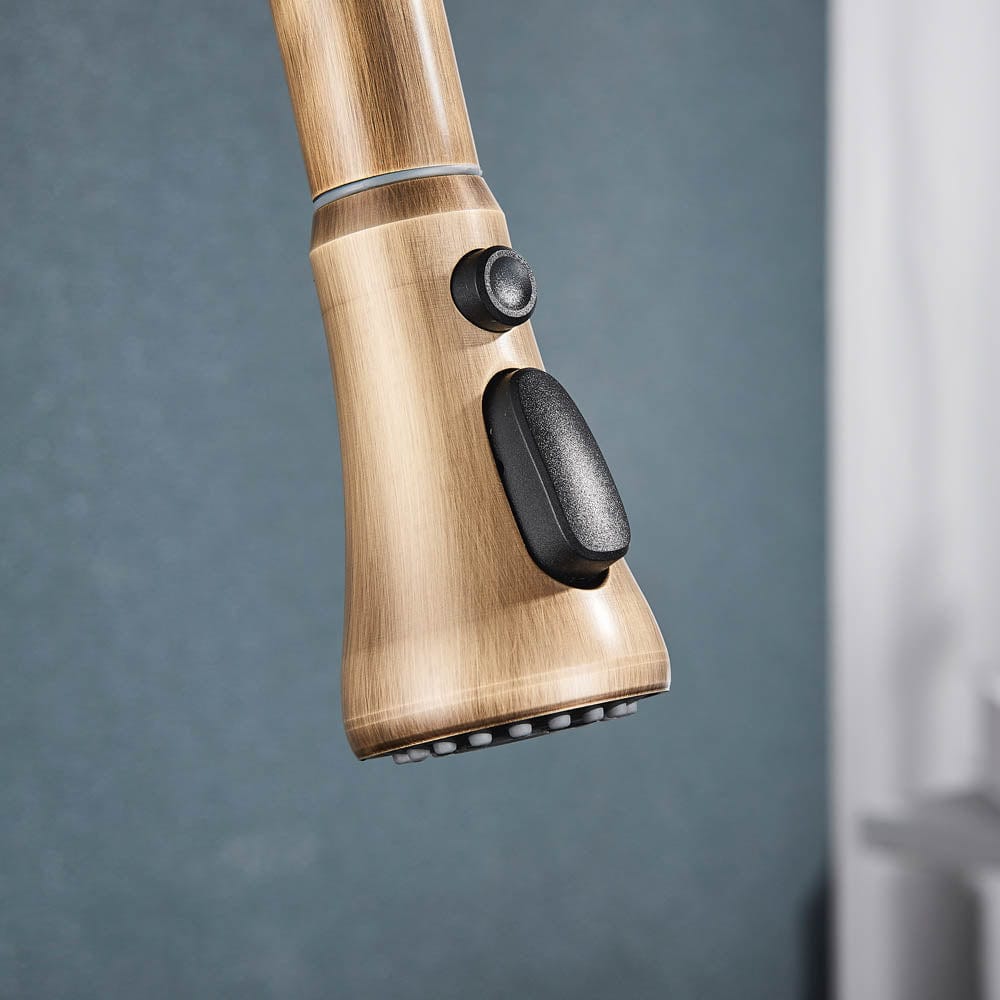 Baterie de bucatarie cu 3 căi, auriu antichizat, cu 2 funcții de curgere și duș extractibil