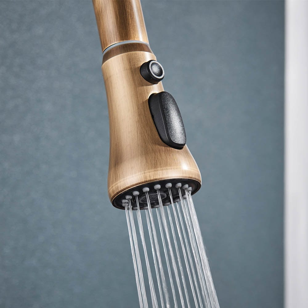 Baterie de bucatarie cu 3 căi, auriu antichizat, cu 2 funcții de curgere și duș extractibil