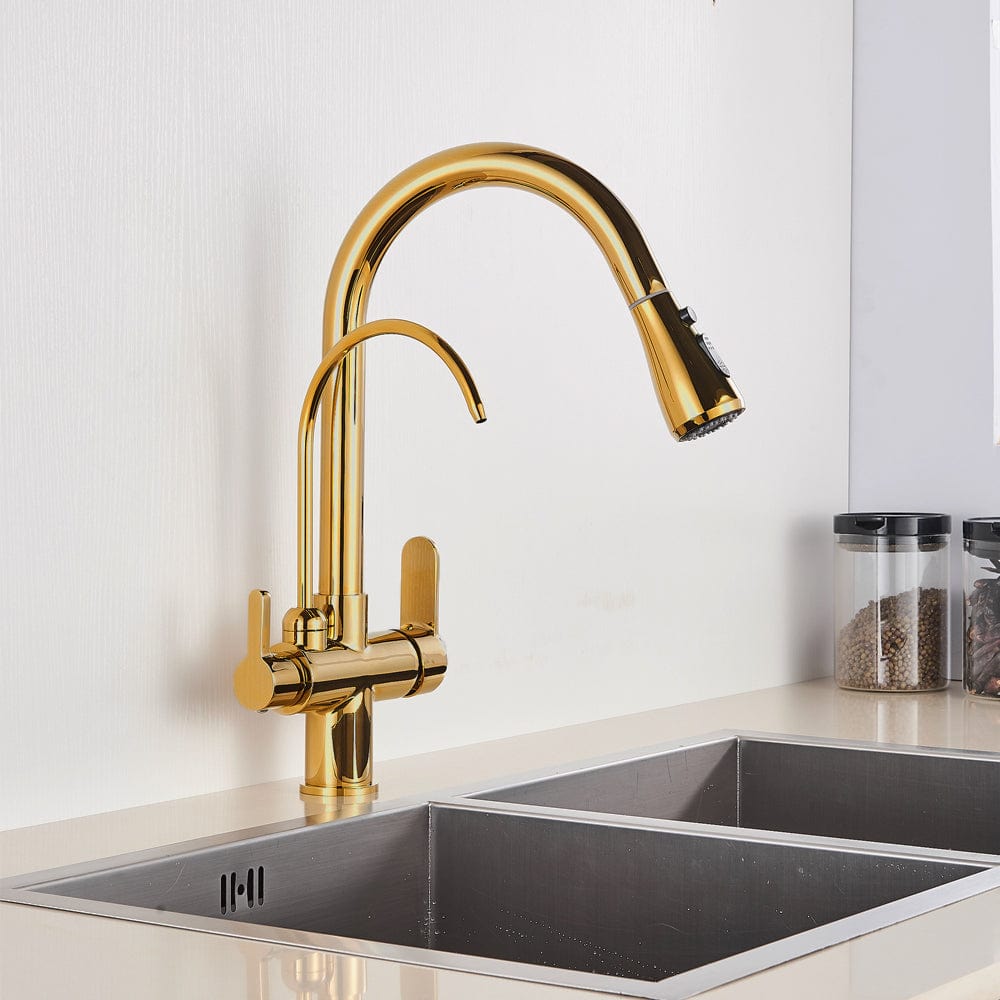 Baterie de bucatarie cu 3 cai, auriu lucios, cu 2 functii de curgere si dus extractibil