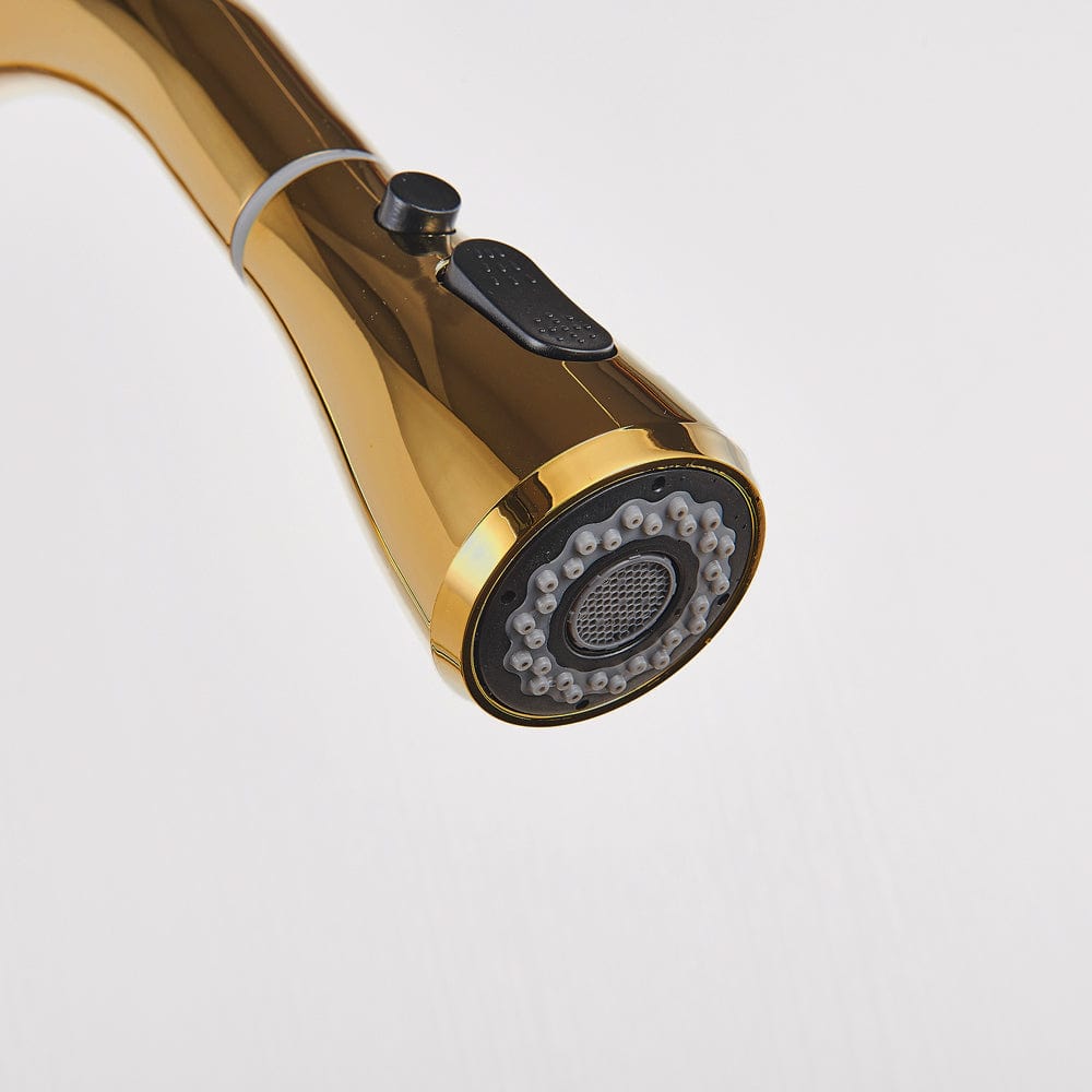 Baterie de bucatarie cu 3 cai, auriu lucios, cu 2 functii de curgere si dus extractibil