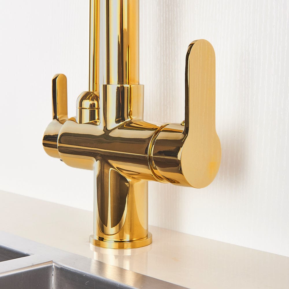 Baterie de bucatarie cu 3 cai, auriu lucios, cu 2 functii de curgere si dus extractibil