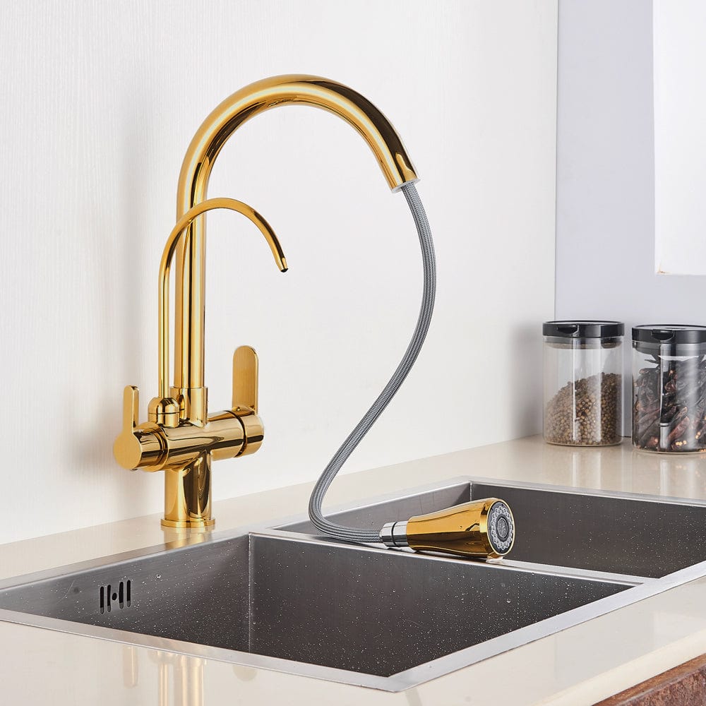 Baterie de bucatarie cu 3 cai, auriu lucios, cu 2 functii de curgere si dus extractibil