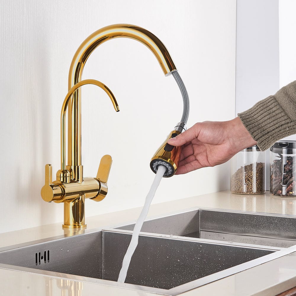 Baterie de bucatarie cu 3 cai, auriu lucios, cu 2 functii de curgere si dus extractibil