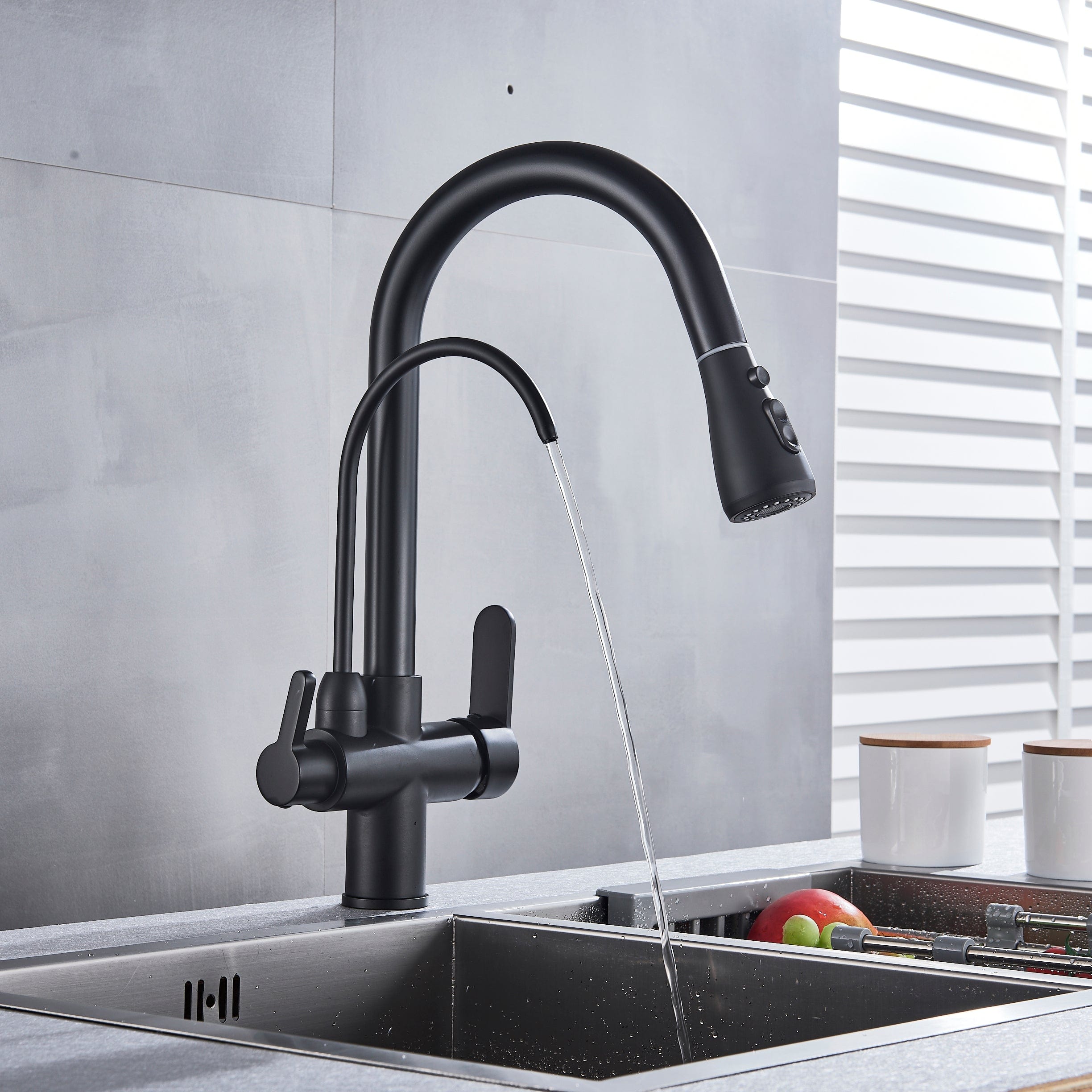 Baterie de bucatarie cu 3 căi, negru mat, cu 2 funcții de curgere și duș extractibil