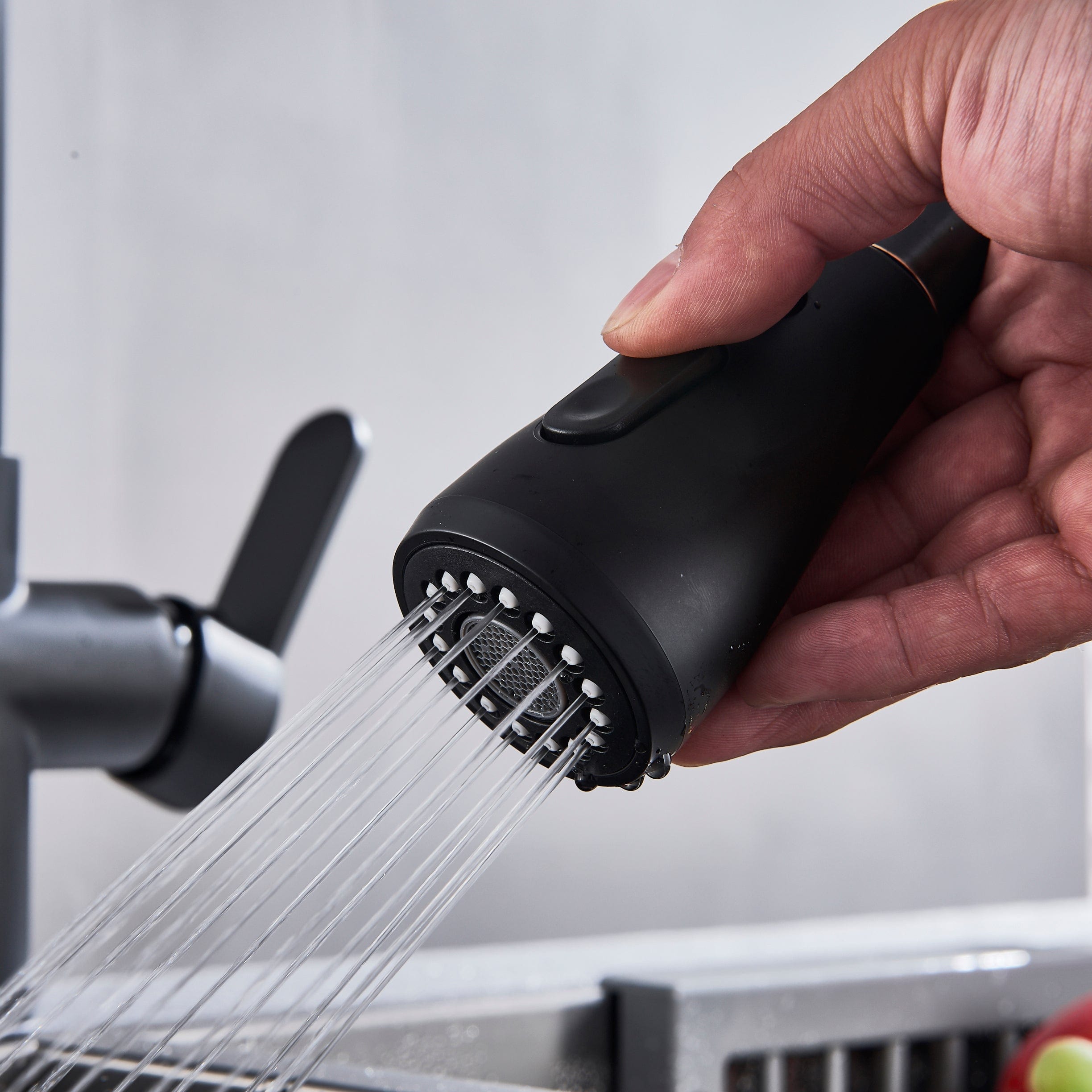 Baterie de bucatarie cu 3 căi, negru mat, cu 2 funcții de curgere și duș extractibil