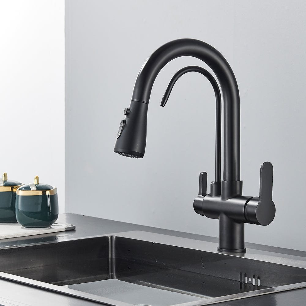 Baterie de bucatarie cu 3 căi, negru mat, cu 2 funcții de curgere și duș extractibil