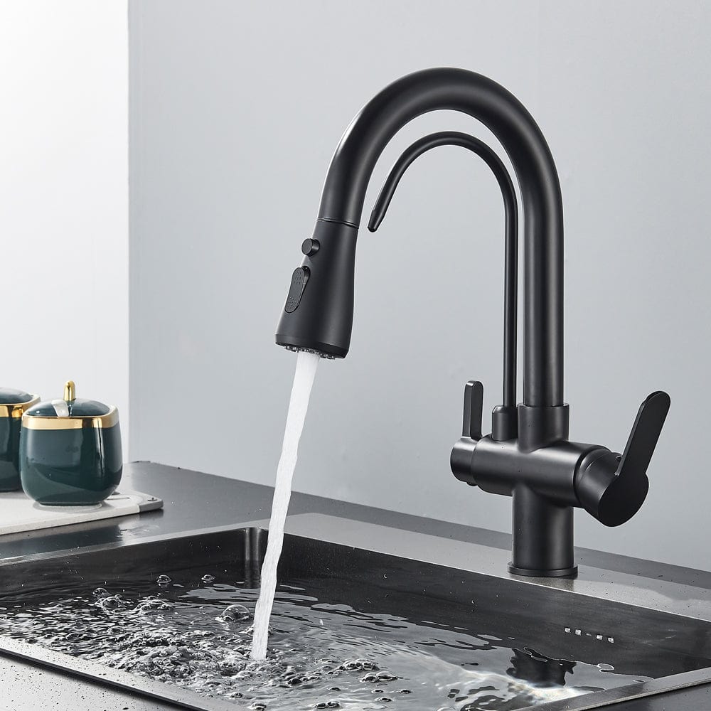 Baterie de bucatarie cu 3 căi, negru mat, cu 2 funcții de curgere și duș extractibil