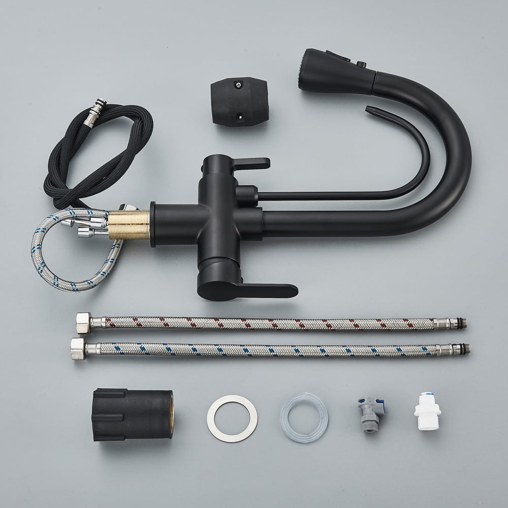 Baterie de bucatarie cu 3 căi, negru mat, cu 2 funcții de curgere și duș extractibil