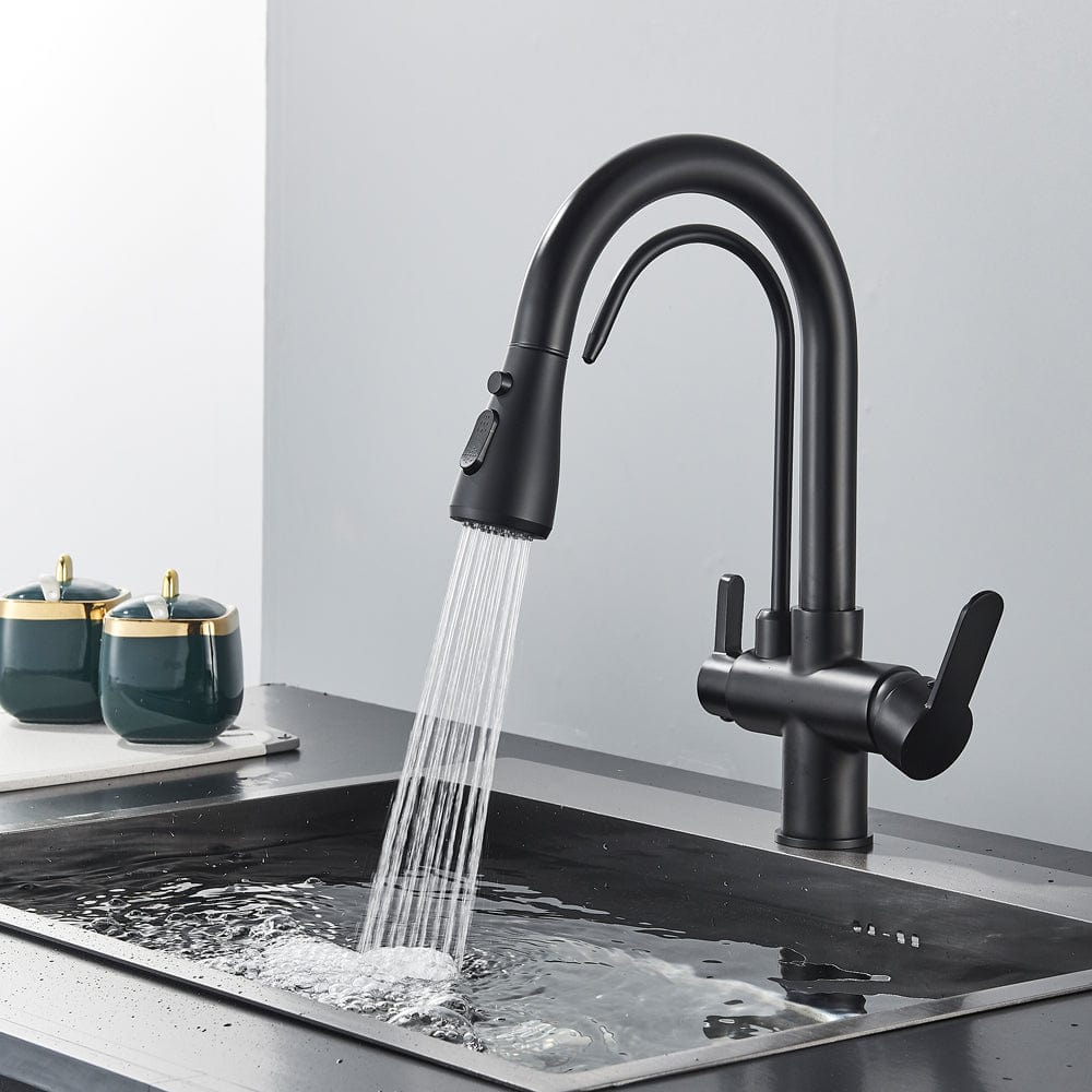 Baterie de bucatarie cu 3 căi, negru mat, cu 2 funcții de curgere și duș extractibil
