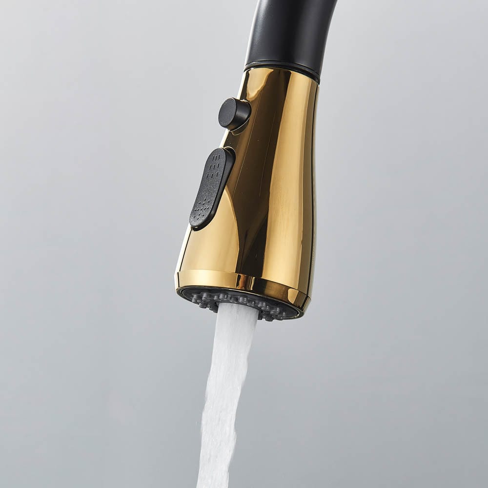 Baterie de bucatarie cu 3 căi, negru mat si auriu, cu 2 funcții de curgere și duș extractibil