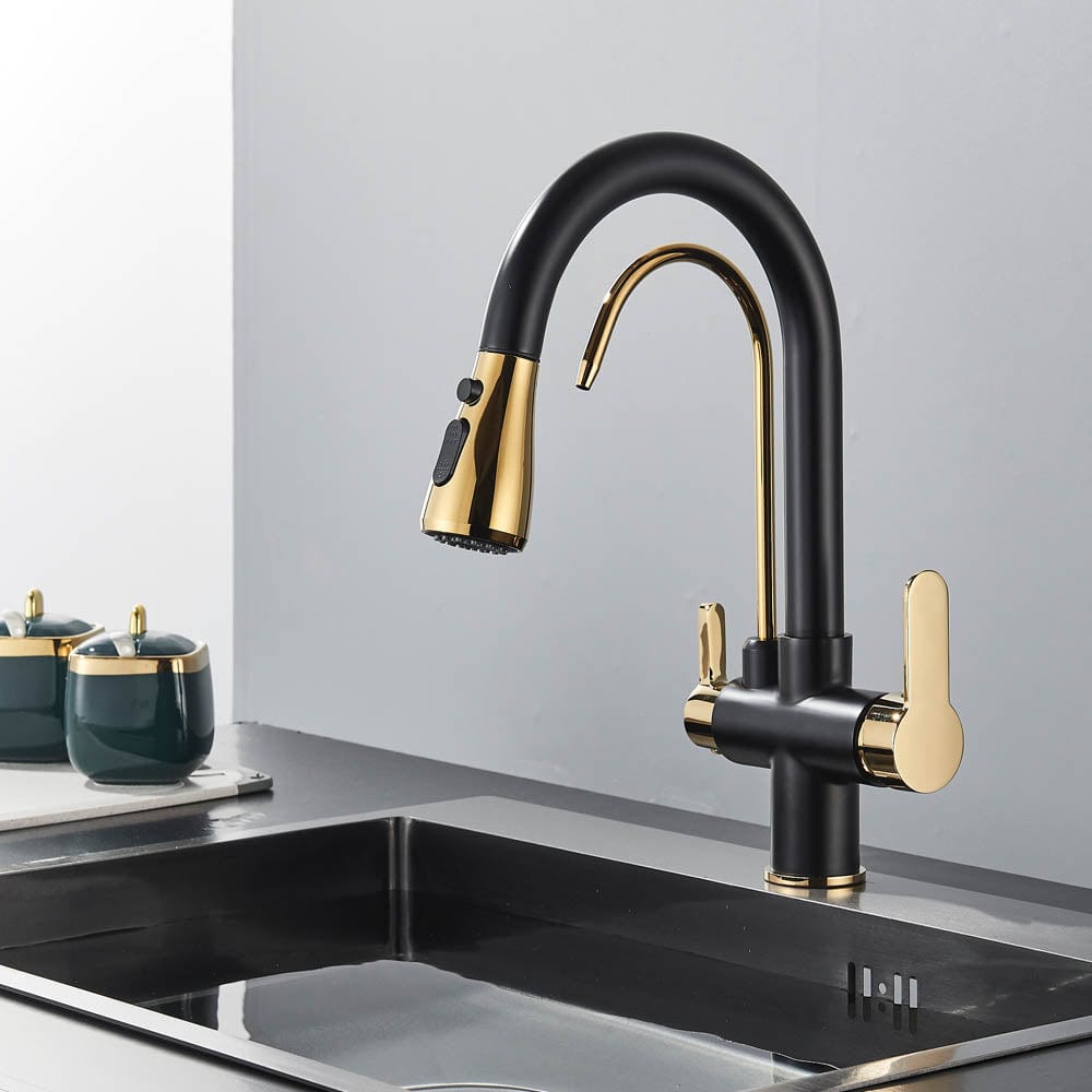 Baterie de bucatarie cu 3 căi, negru mat si auriu, cu 2 funcții de curgere și duș extractibil