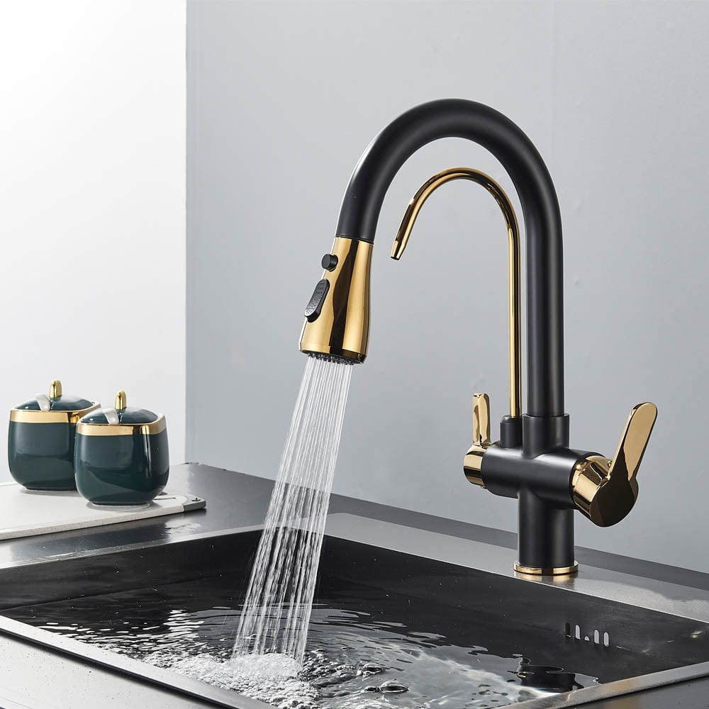 Baterie de bucatarie cu 3 căi, negru mat si auriu, cu 2 funcții de curgere și duș extractibil