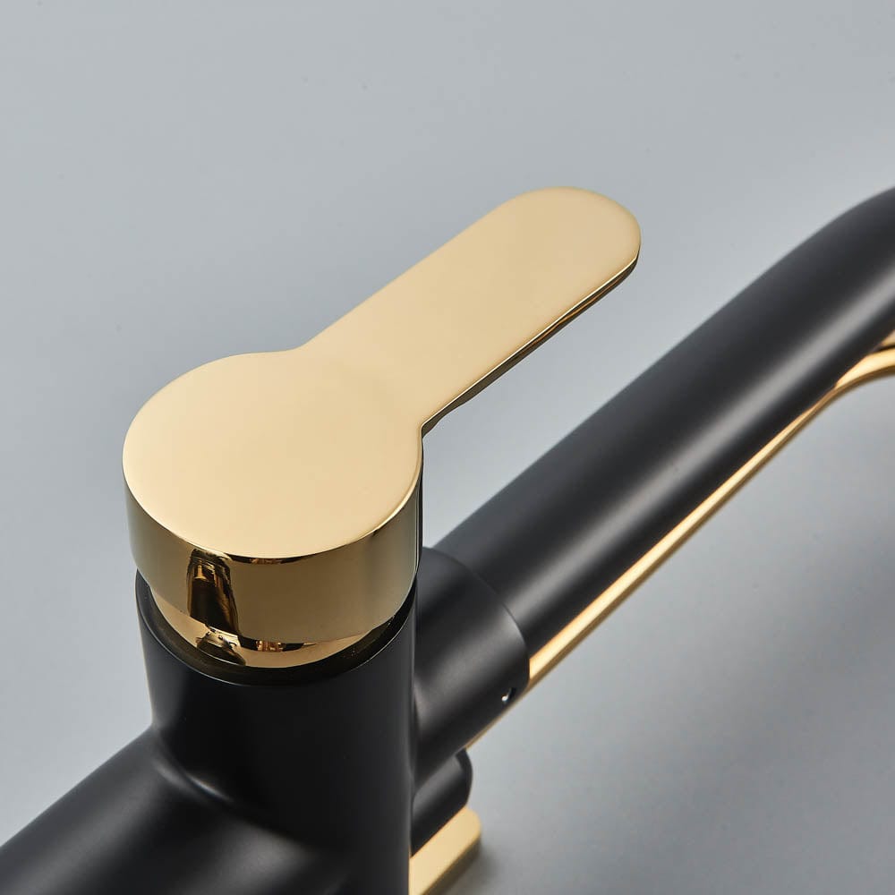 Baterie de bucatarie cu 3 căi, negru mat si auriu, cu 2 funcții de curgere și duș extractibil