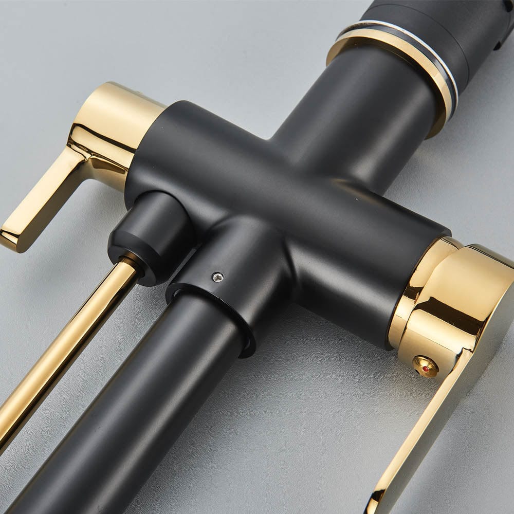 Baterie de bucatarie cu 3 căi, negru mat si auriu, cu 2 funcții de curgere și duș extractibil