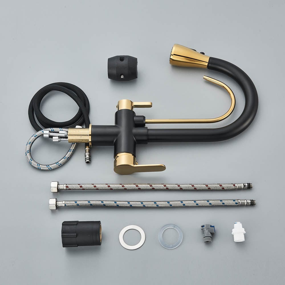 Baterie de bucatarie cu 3 căi, negru mat si auriu, cu 2 funcții de curgere și duș extractibil