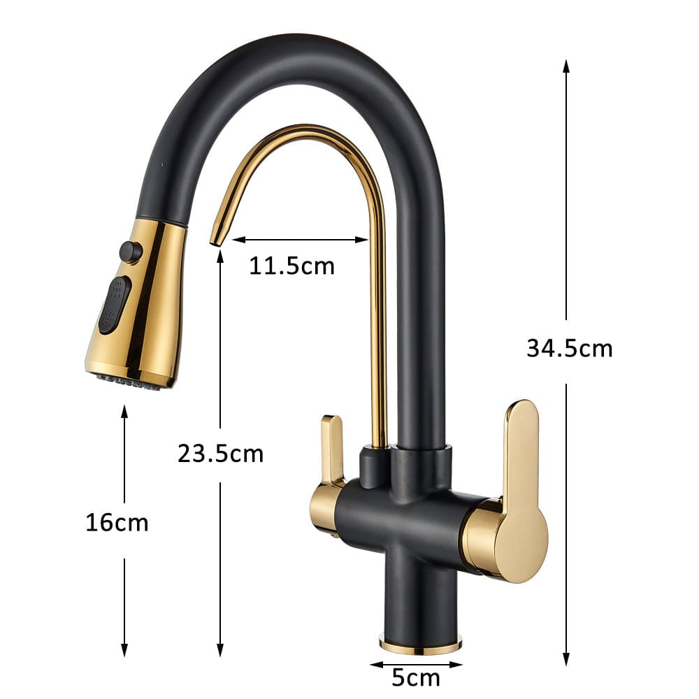 Baterie de bucatarie cu 3 căi, negru mat si auriu, cu 2 funcții de curgere și duș extractibil