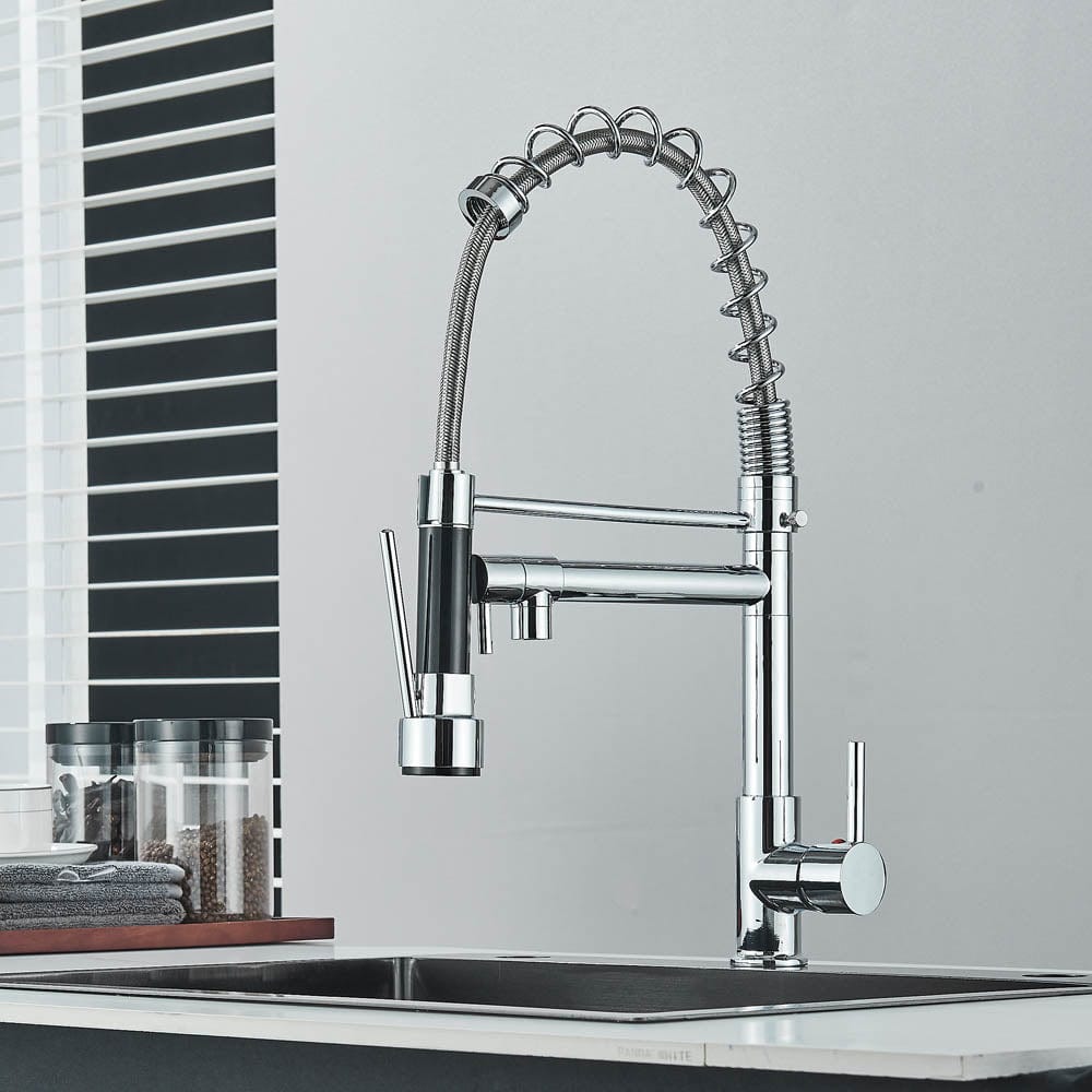 Baterie de bucatarie cu dus flexibil si pipa pentru apa filtrata, argintiu