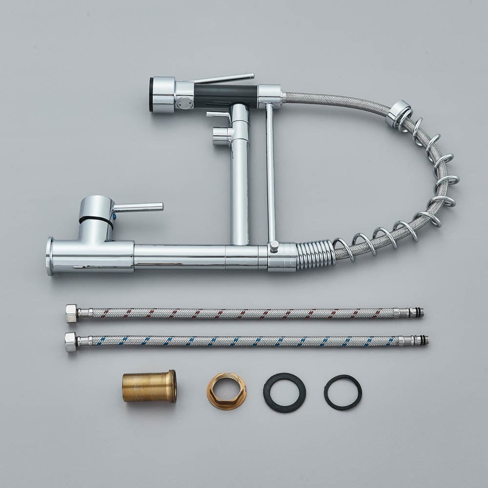 Baterie de bucatarie cu dus flexibil si pipa pentru apa filtrata, argintiu