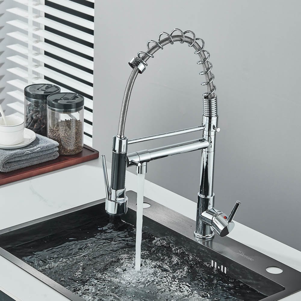 Baterie de bucatarie cu dus flexibil si pipa pentru apa filtrata, argintiu