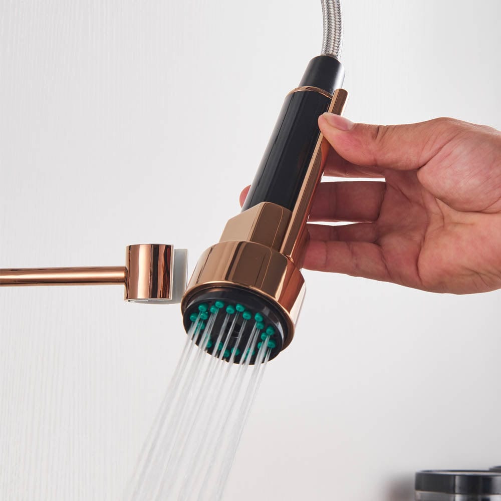 Baterie de bucatarie cu dus detasabil, negru-rose