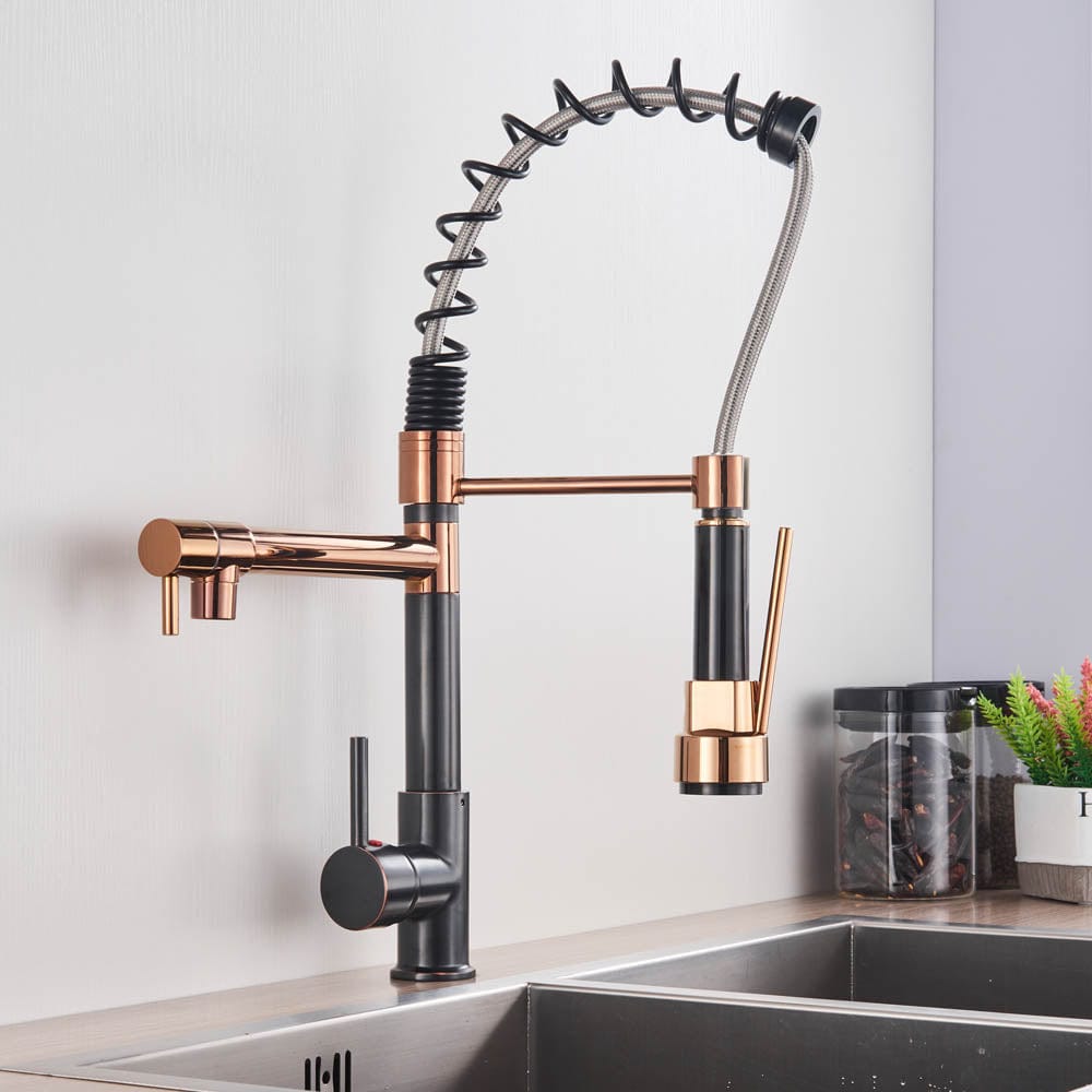 Baterie de bucatarie cu dus detasabil, negru-rose