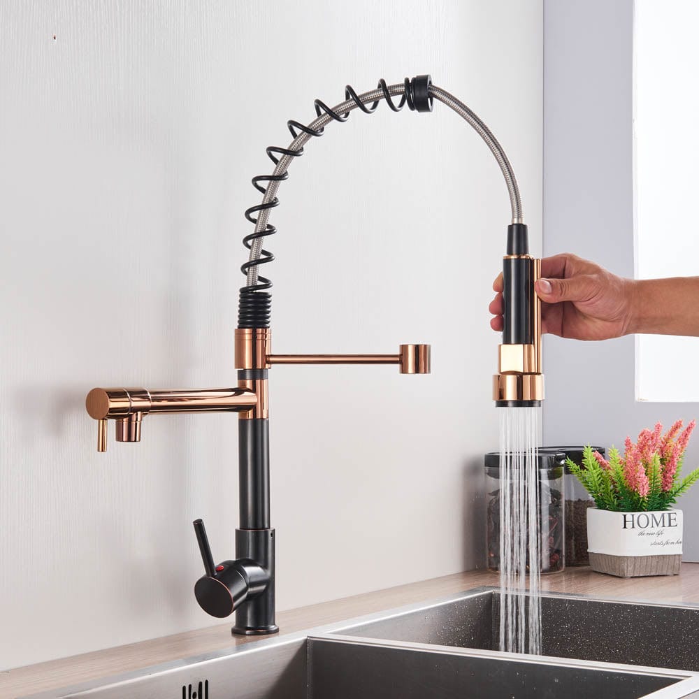 Baterie de bucatarie cu dus detasabil, negru-rose