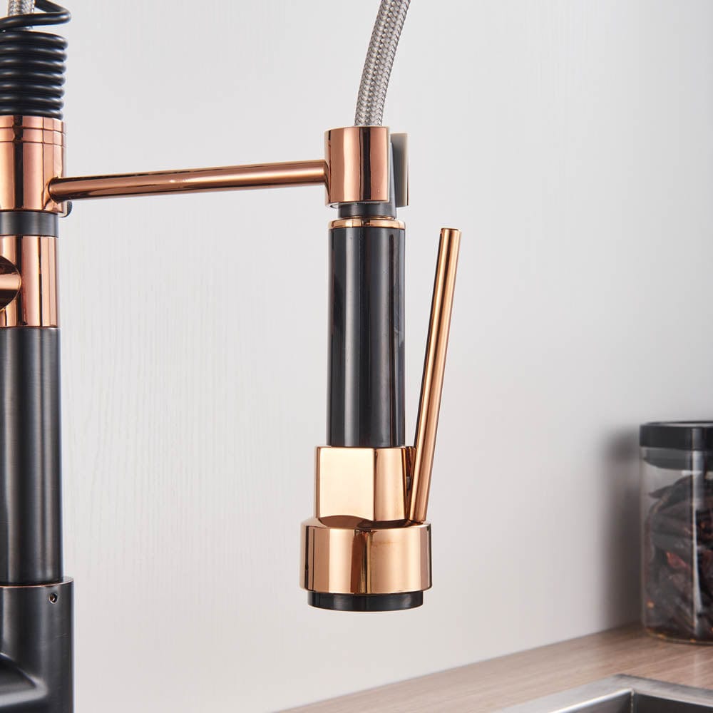 Baterie de bucatarie cu dus detasabil, negru-rose