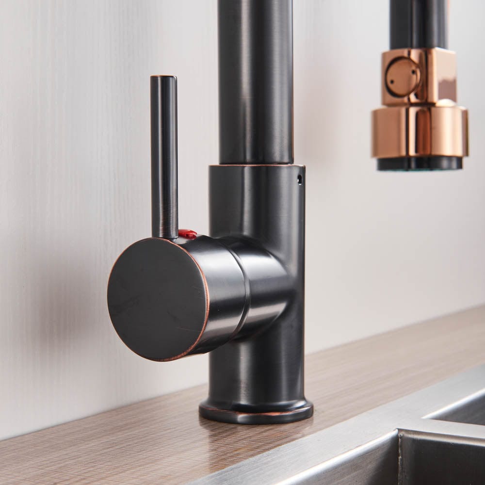 Baterie de bucatarie cu dus detasabil, negru-rose