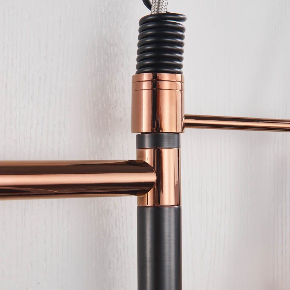 Baterie de bucatarie cu dus detasabil, negru-rose