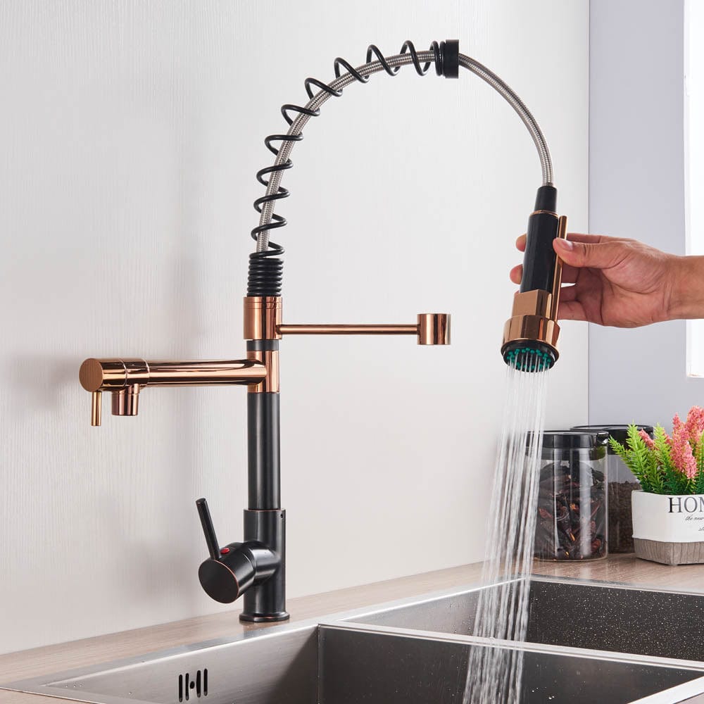 Baterie de bucatarie cu dus detasabil, negru-rose