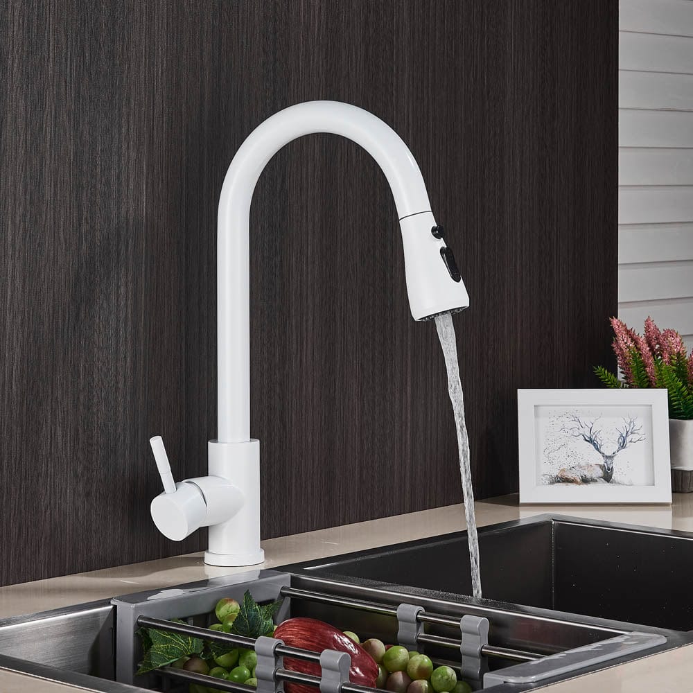 Baterie de bucatarie cu dus extractibil, alb