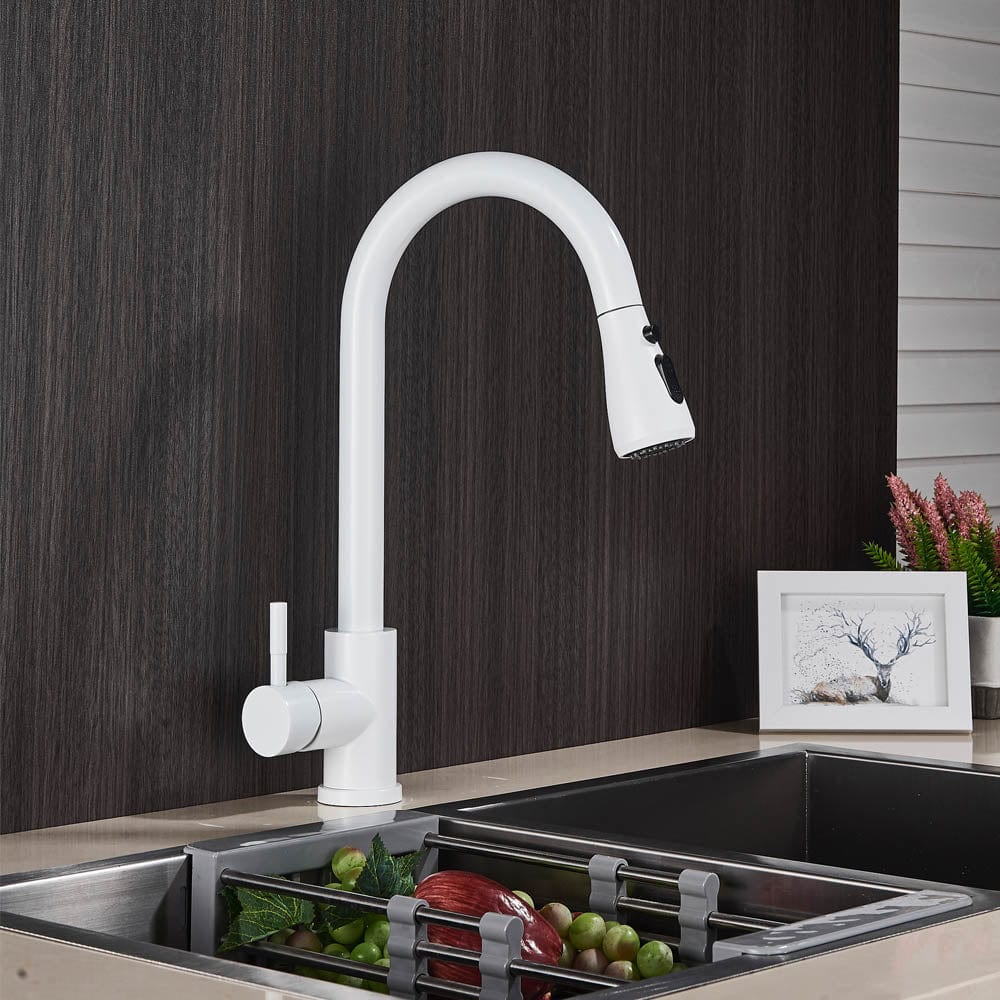 Baterie de bucatarie cu dus extractibil, alb