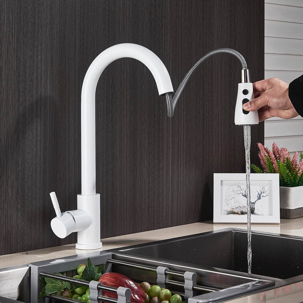 Baterie de bucatarie cu dus extractibil, alb