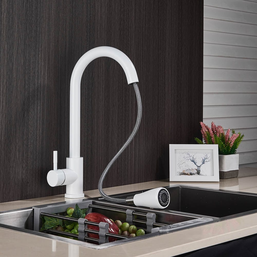 Baterie de bucatarie cu dus extractibil, alb