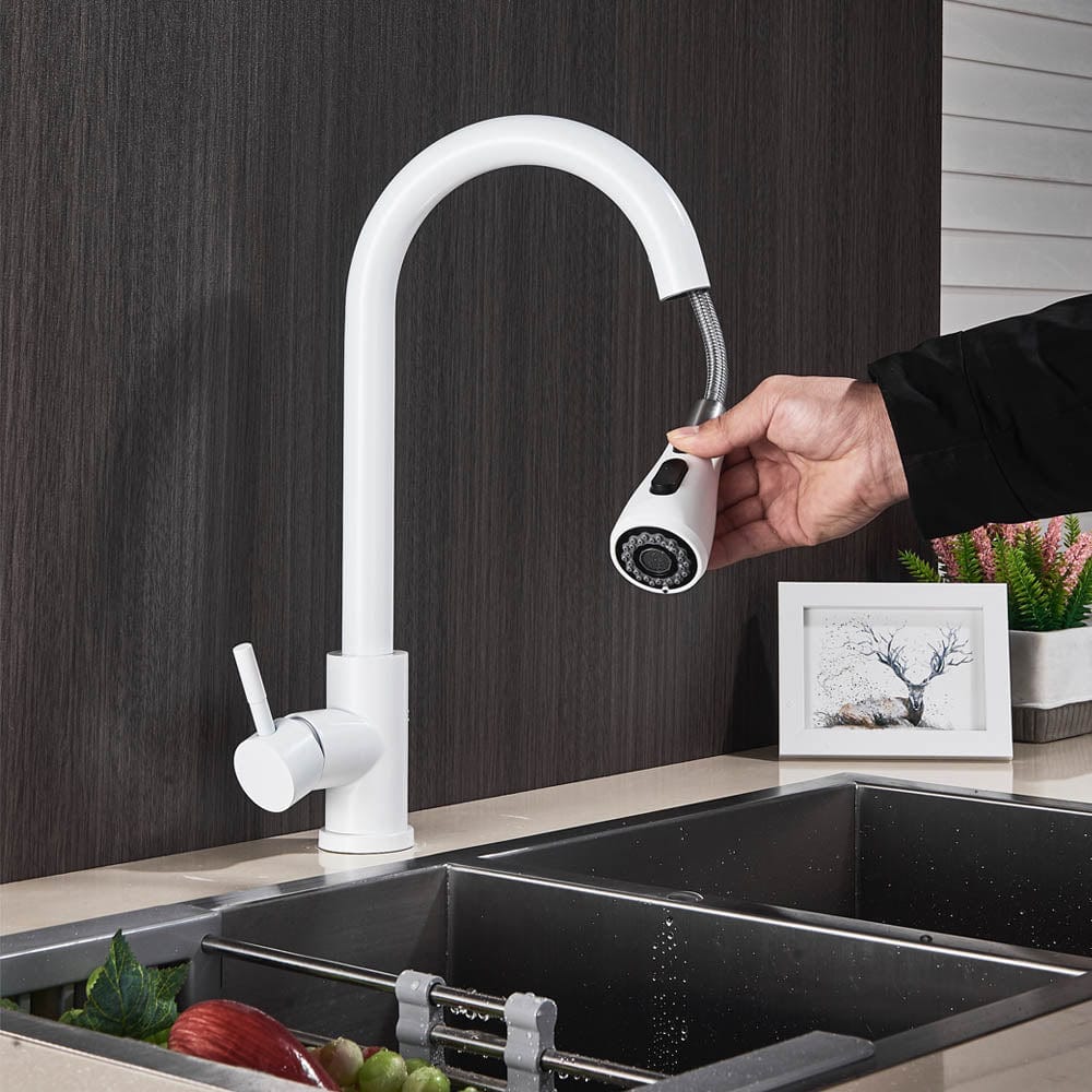 Baterie de bucatarie cu dus extractibil, alb