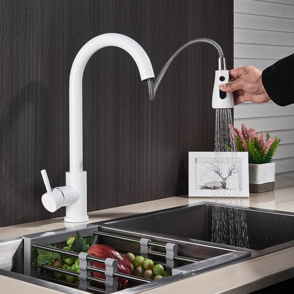 Baterie de bucatarie cu dus extractibil, alb