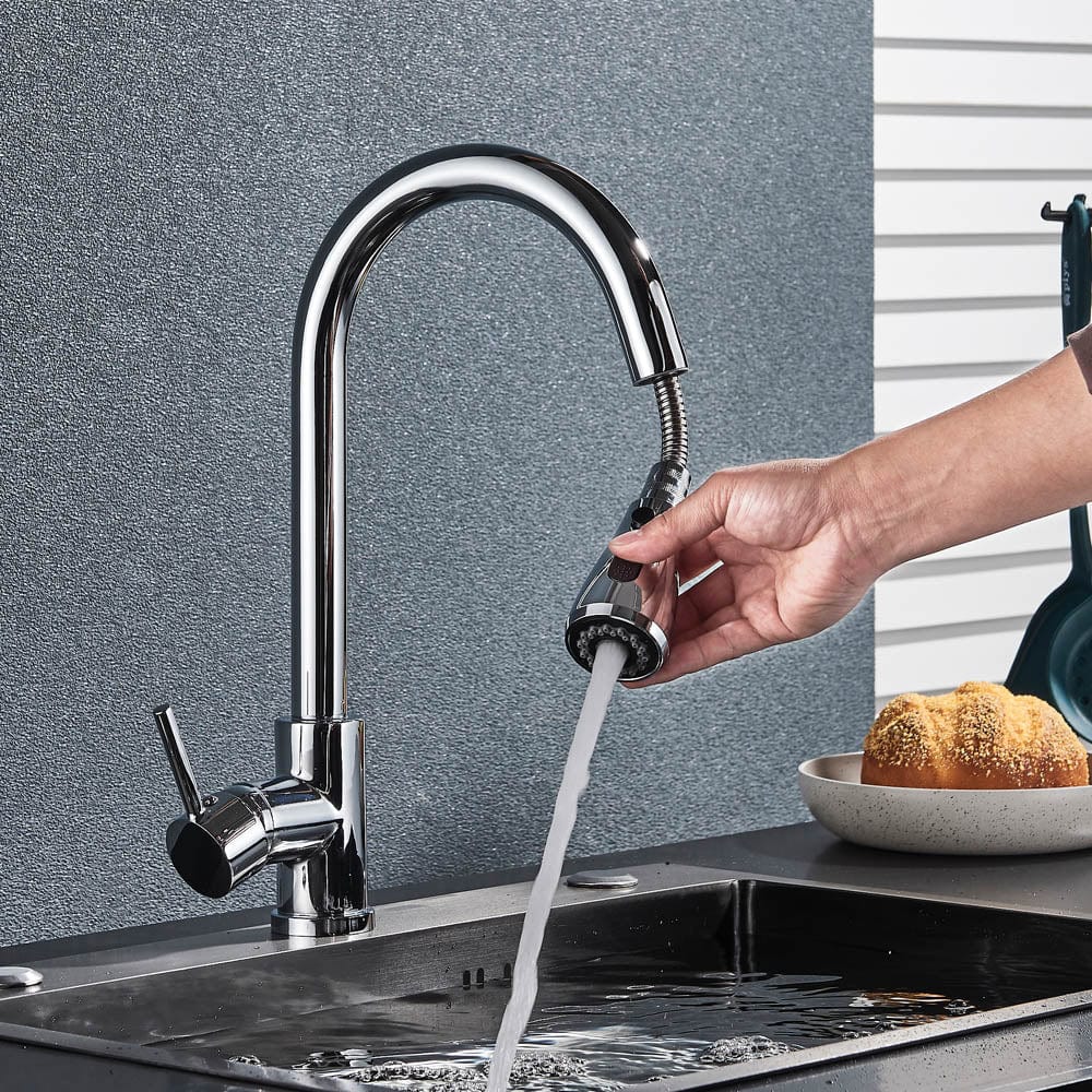 Baterie de bucatarie cu dus extractibil, argintiu