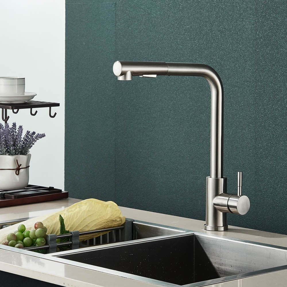 Baterie de bucatarie, cu dus extractibil, argintiu