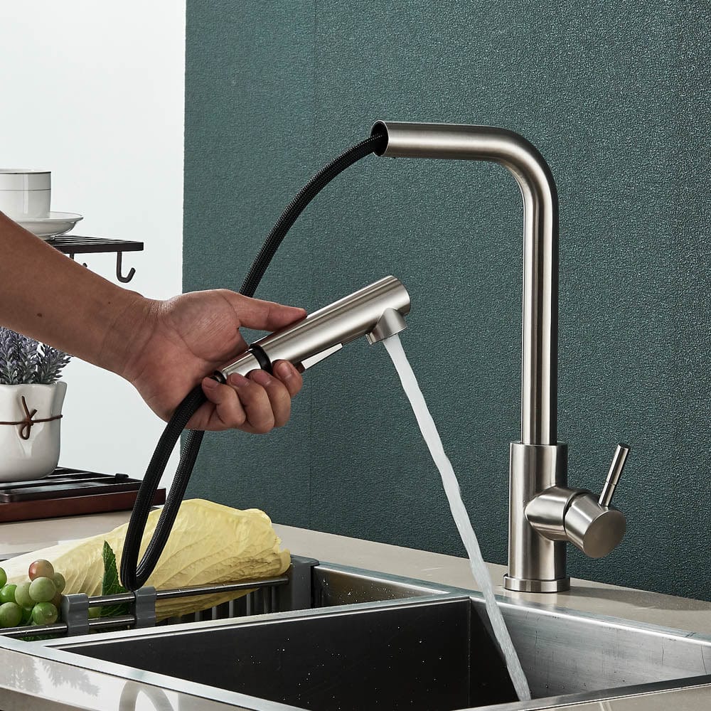 Baterie de bucatarie, cu dus extractibil, argintiu