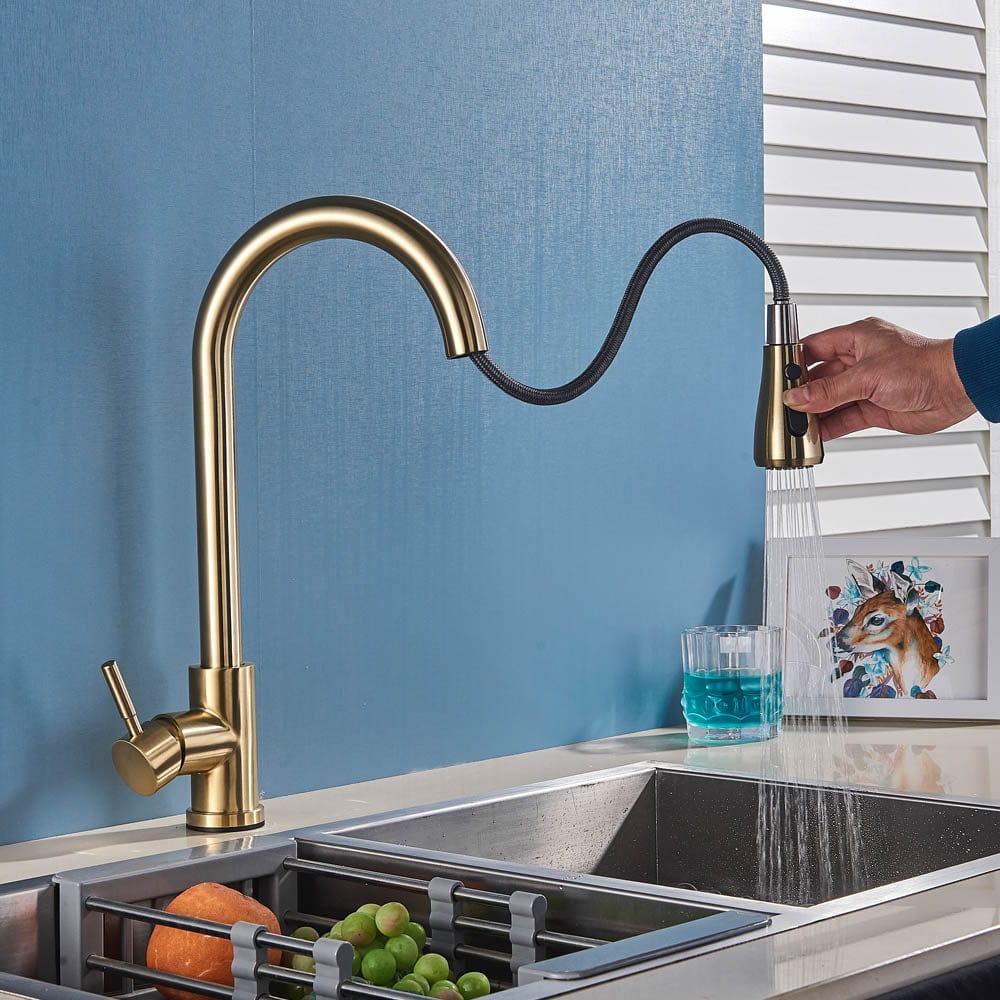 Baterie de bucatarie cu dus extractibil, auriu periat